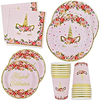 9 Plates, 7 Plates and Cups ONLY Stunning Real Gold Foil Serves 16 Unicorn Party Supplies Set